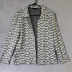 Ming Wang jacquard Knit Cardigan Jacket Open Front Hook & Loop Gray Ivory Sz M